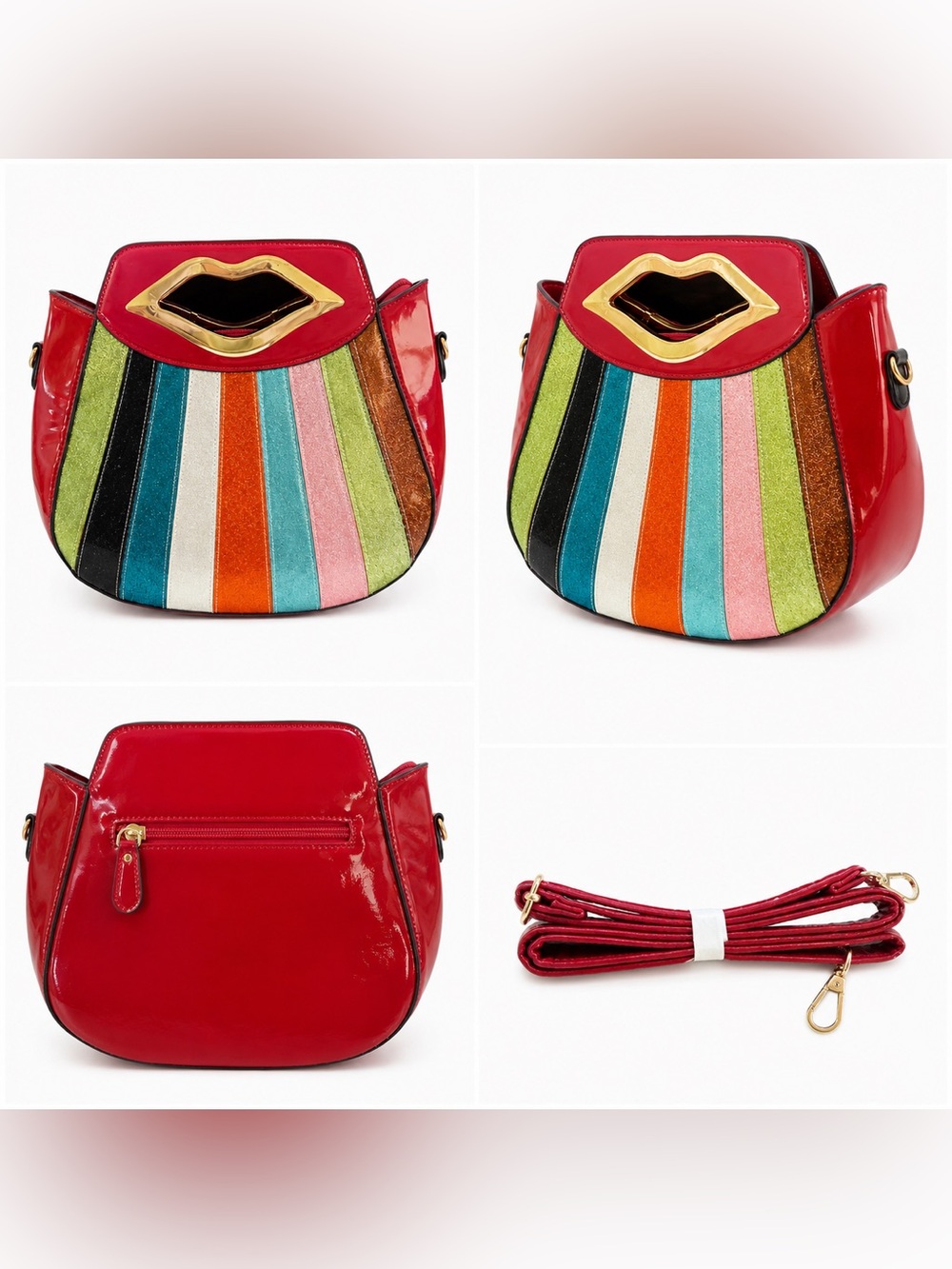 Vintage Colorful Lip Handle Shoulder Bag Multicolor Glitter Stripe Patent - Picture 2 of 8